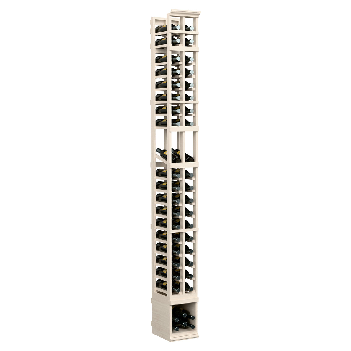 Two-column wooden wine bottle display rack, light stained finish with open bottle slots.