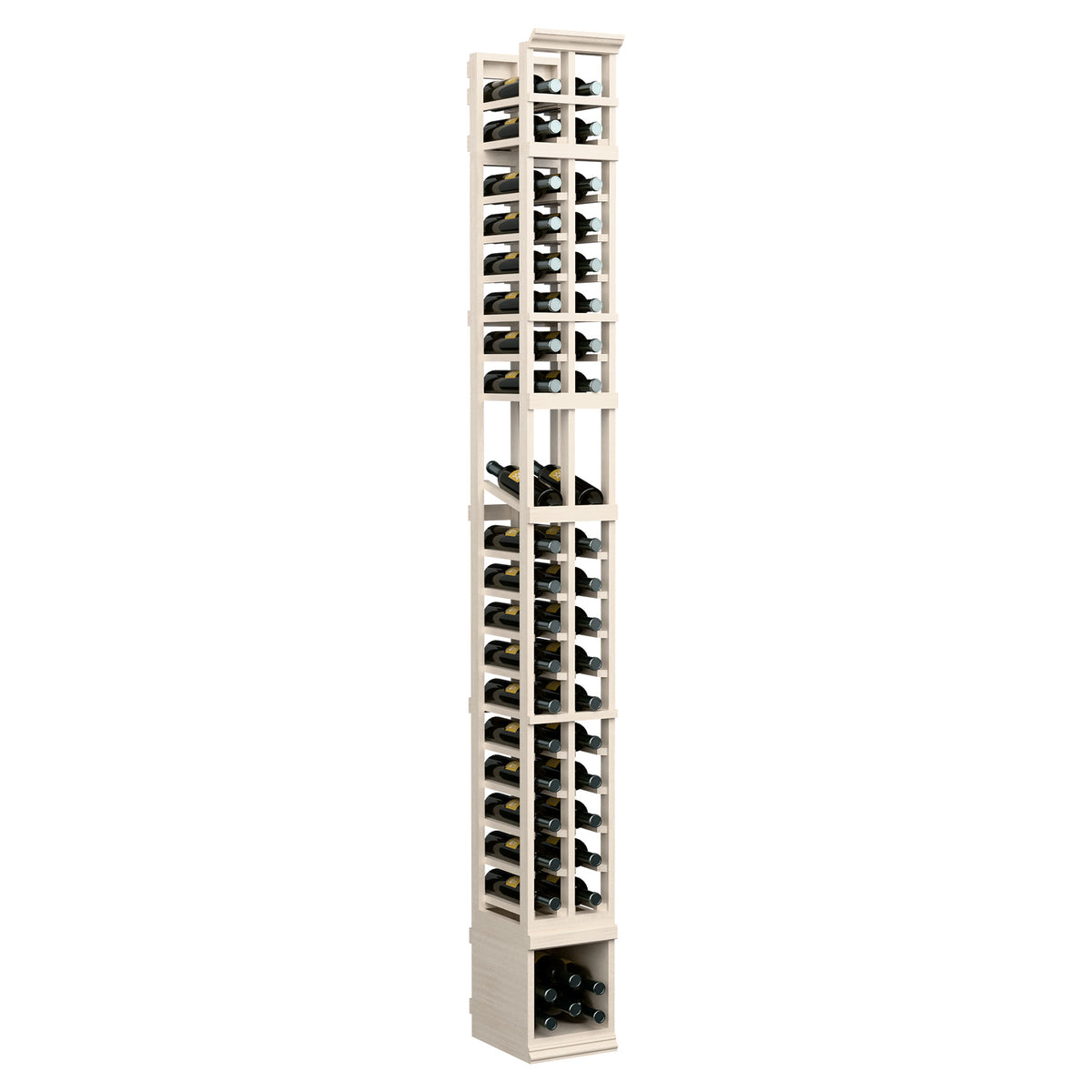 Two-column wooden wine bottle display rack, light stained finish with open bottle slots.