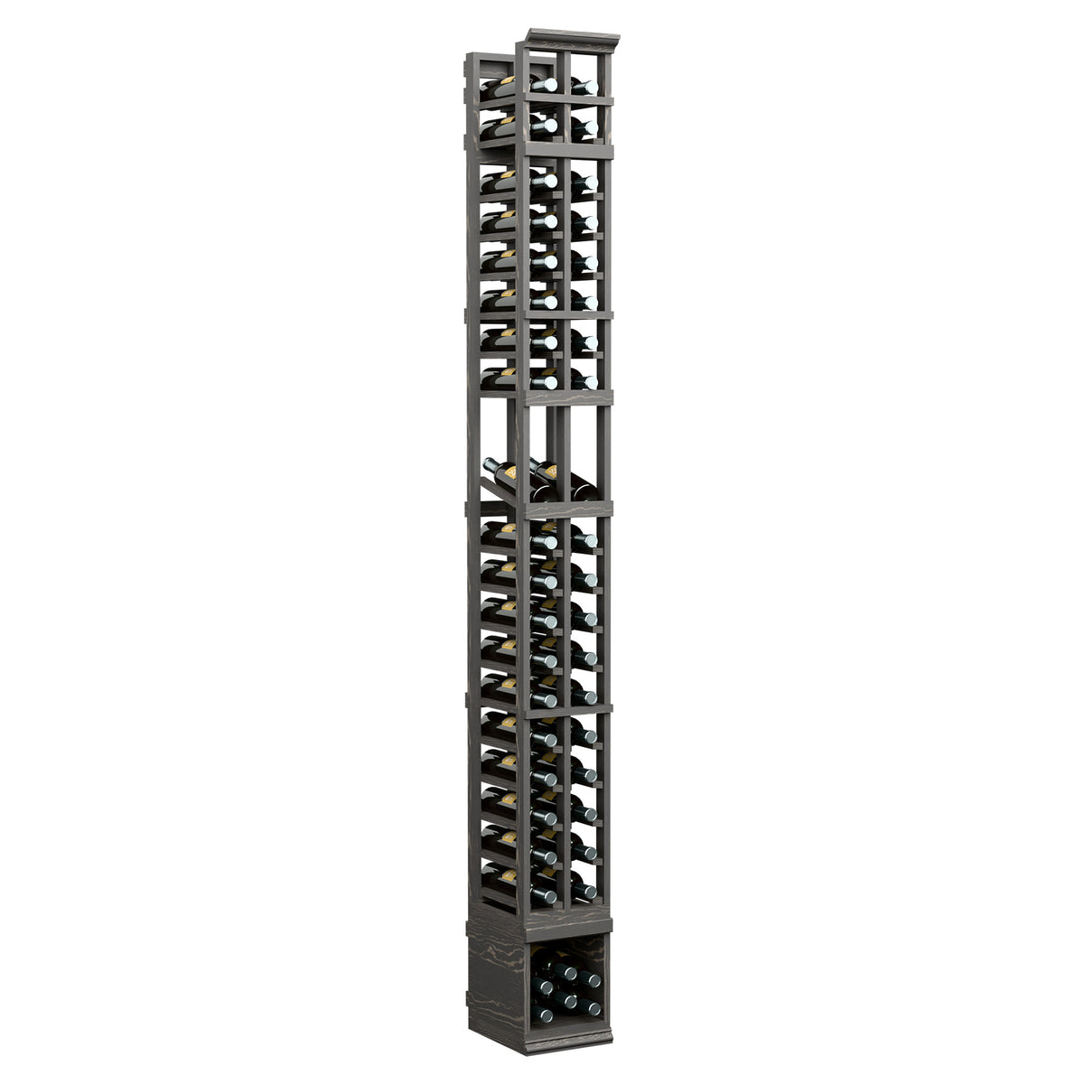 Tall two-column wine bottle display rack with dark finish and open crisscross shelves