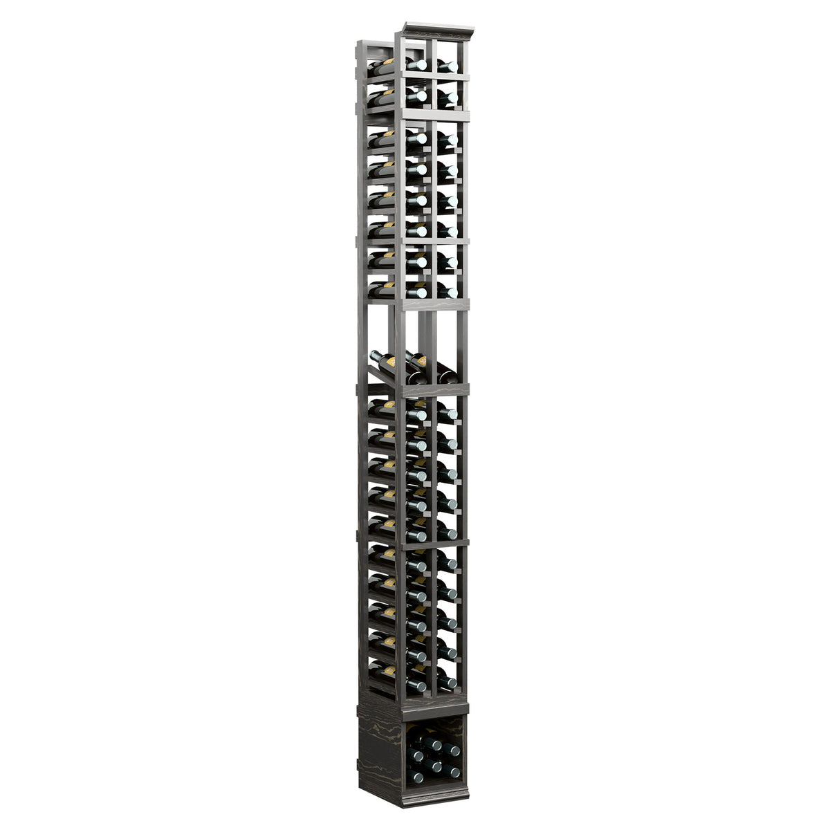 Dark two-column wine bottle rack with open crisscross shelving and bottle slots