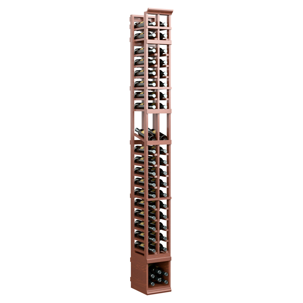 Light reddish-brown two-column wine bottle rack with open crisscross compartments