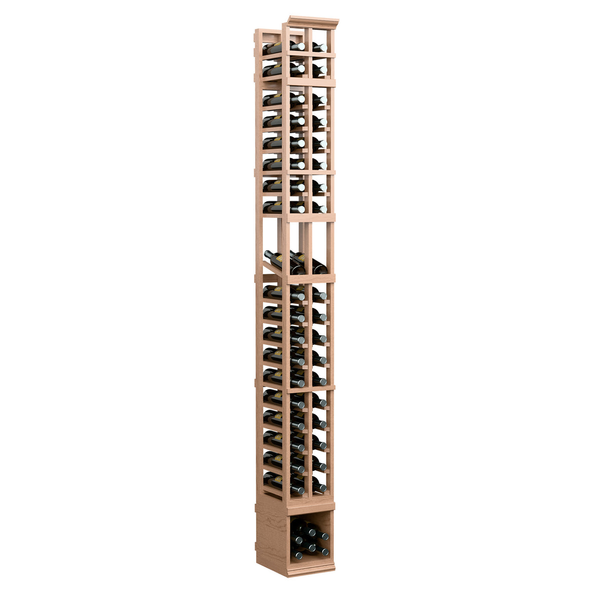 Light wood two-column wine bottle rack with open lattice shelves and bottle openings
