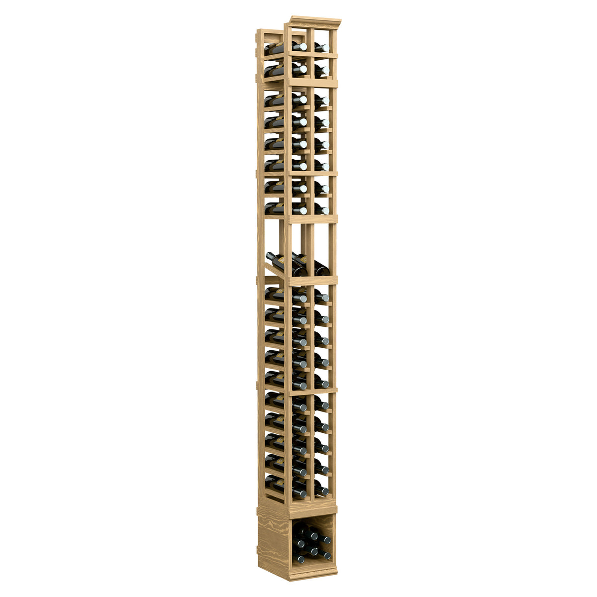 Two-column wine bottle display rack in pale light wood with open crisscross shelving