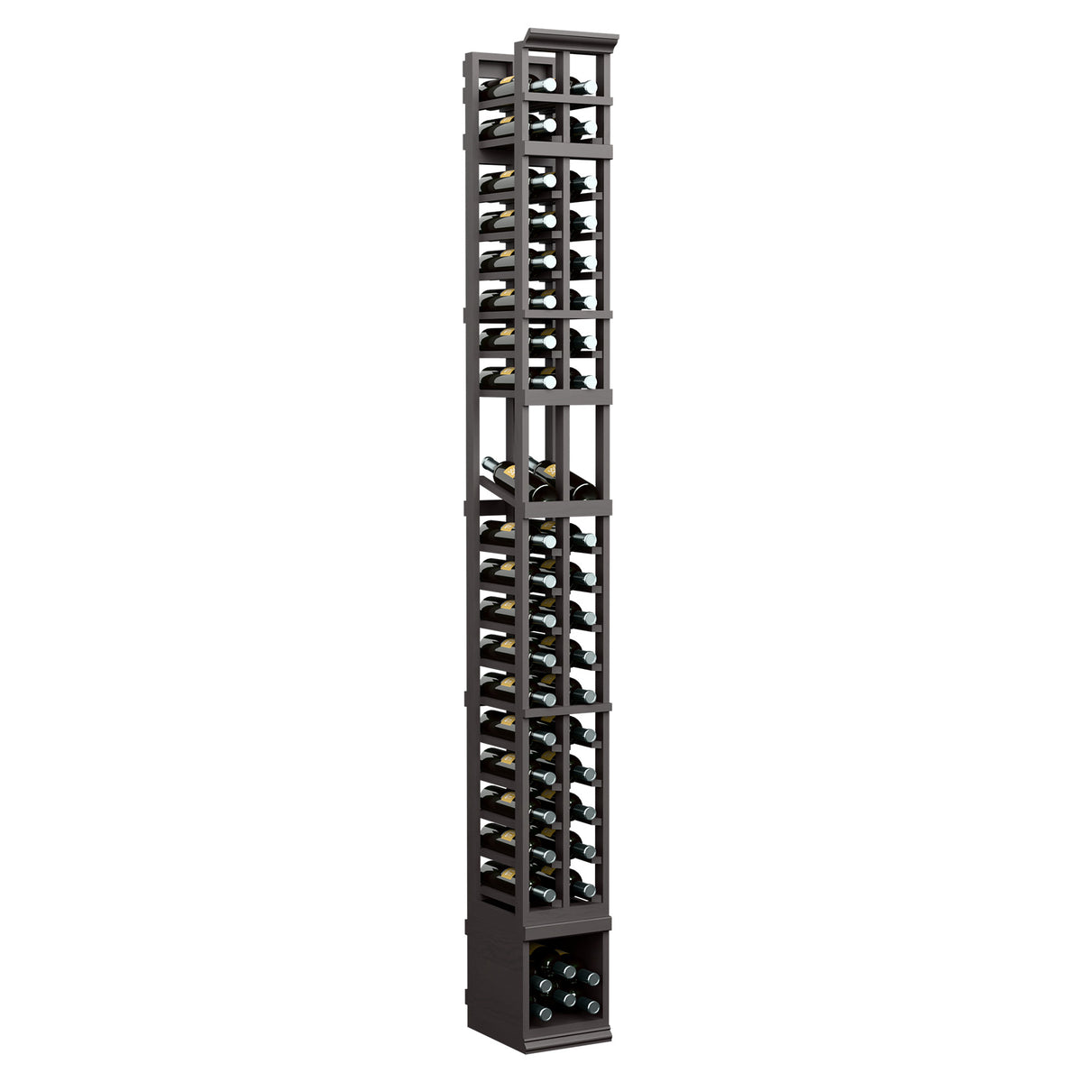 Dark finish two-column wine bottle display rack with open crisscross shelves
