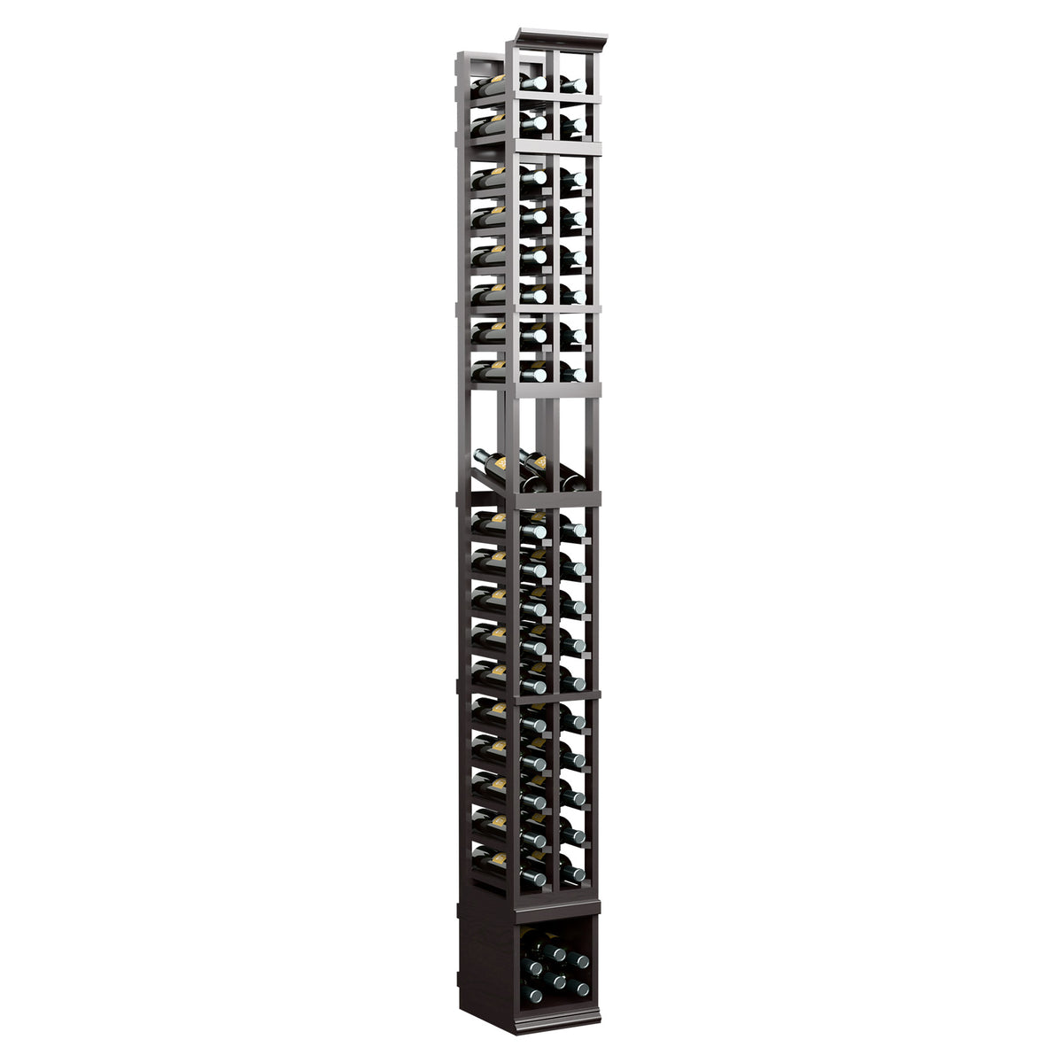 Dark two-column wine bottle rack with open crisscross compartments and bottle slots