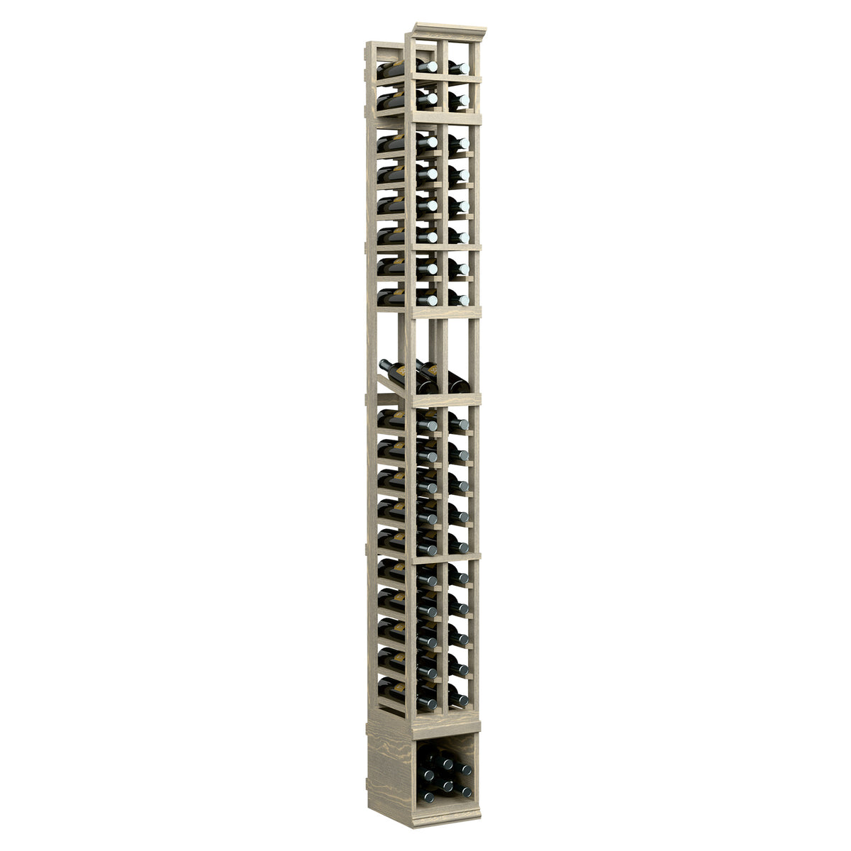 8 ft 2-column wood wine bottle display rack with white finish and divided bottle slots