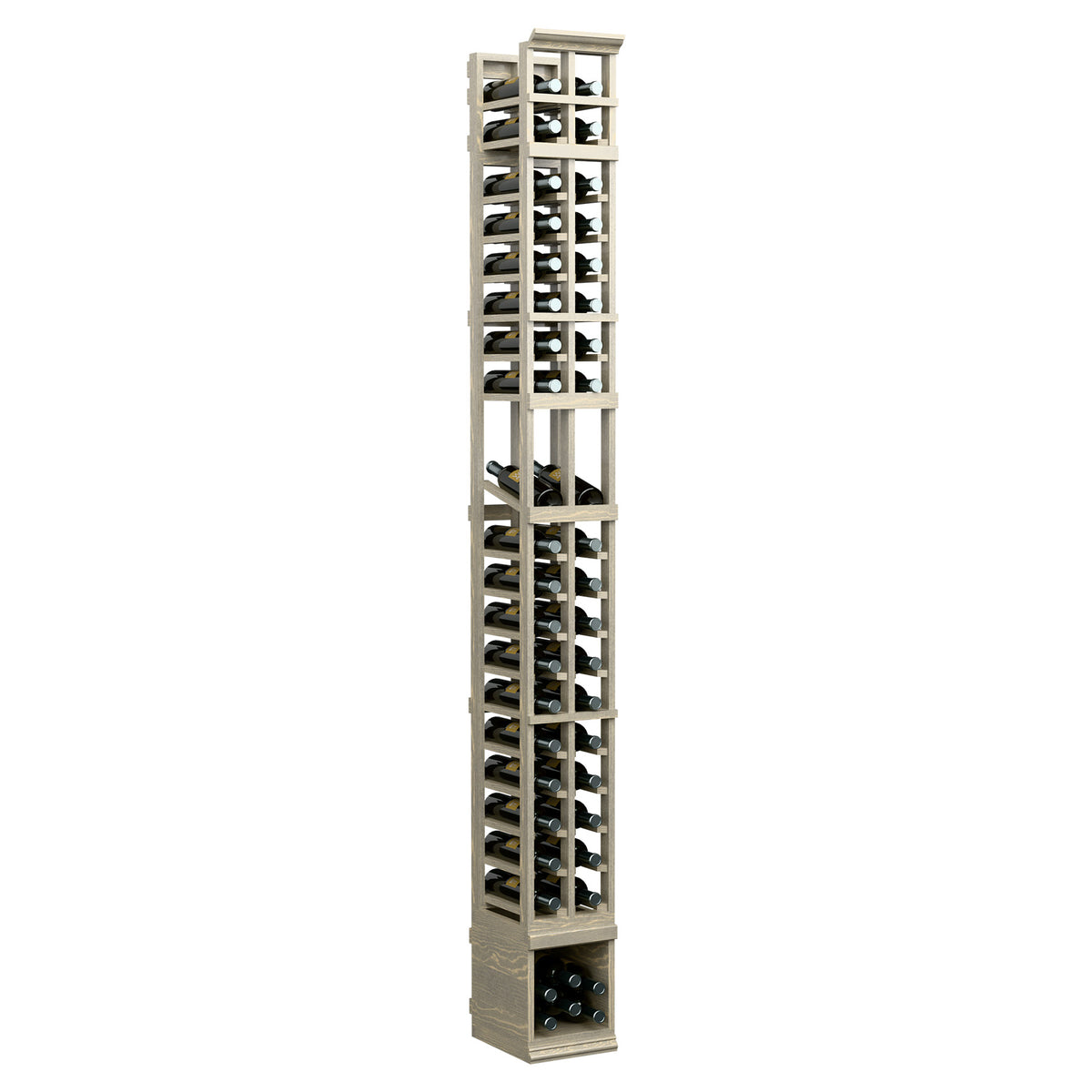 Slim 8 ft 2-column wine rack with white frame, open bottle slots on both sides