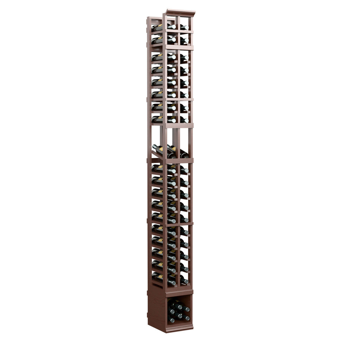 Slim tall 8 ft 2-column wine rack in dark brown wood, divided bottle storage