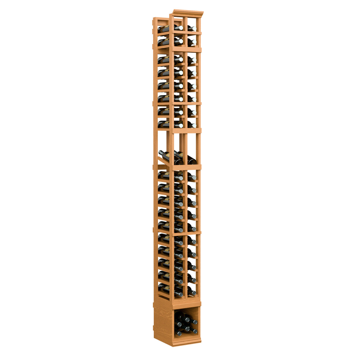 8 ft 2-column wood wine bottle display rack in light amber finish, open bottle slots