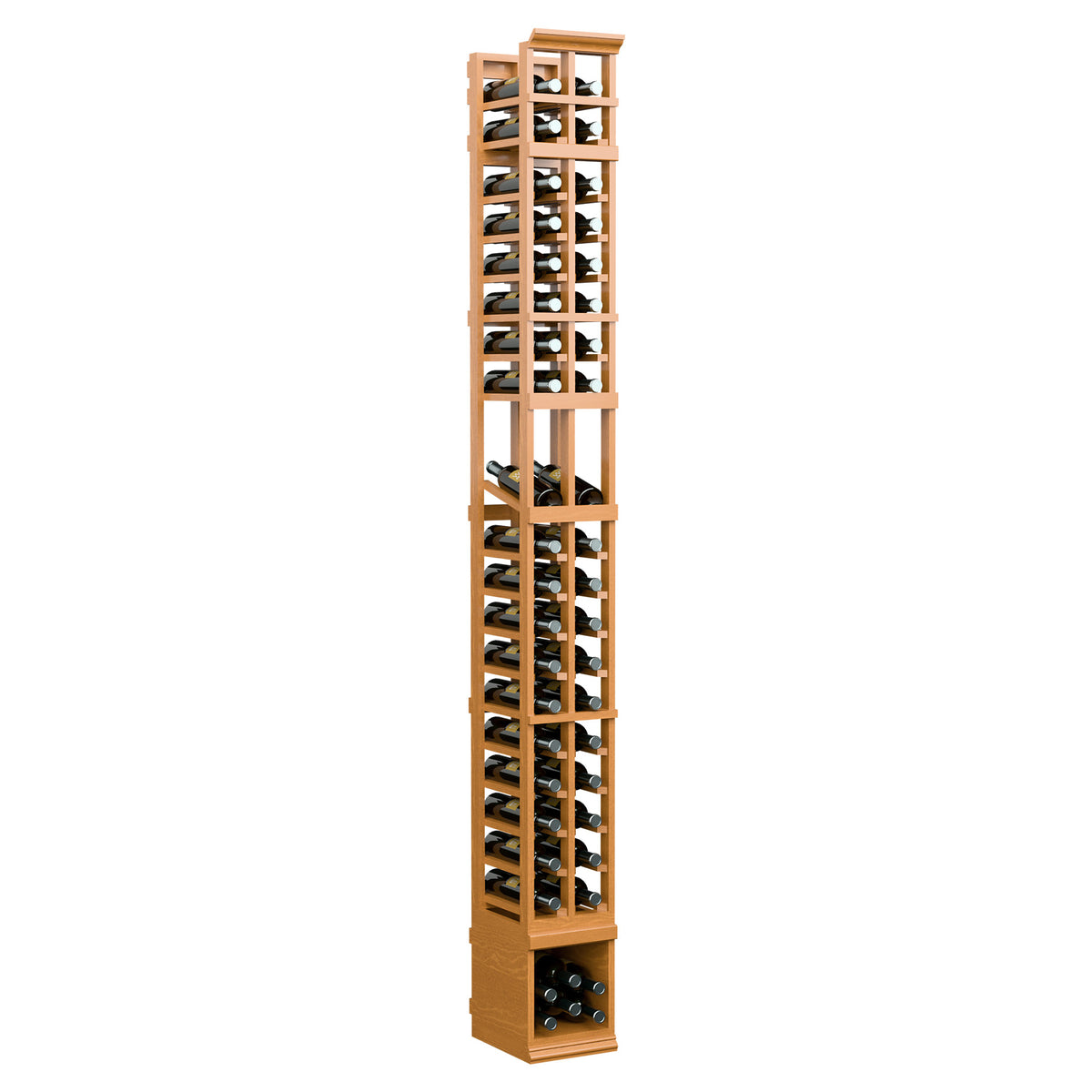 Tall 8 ft 2-column wine rack with amber wood frame and side-by-side bottle rows