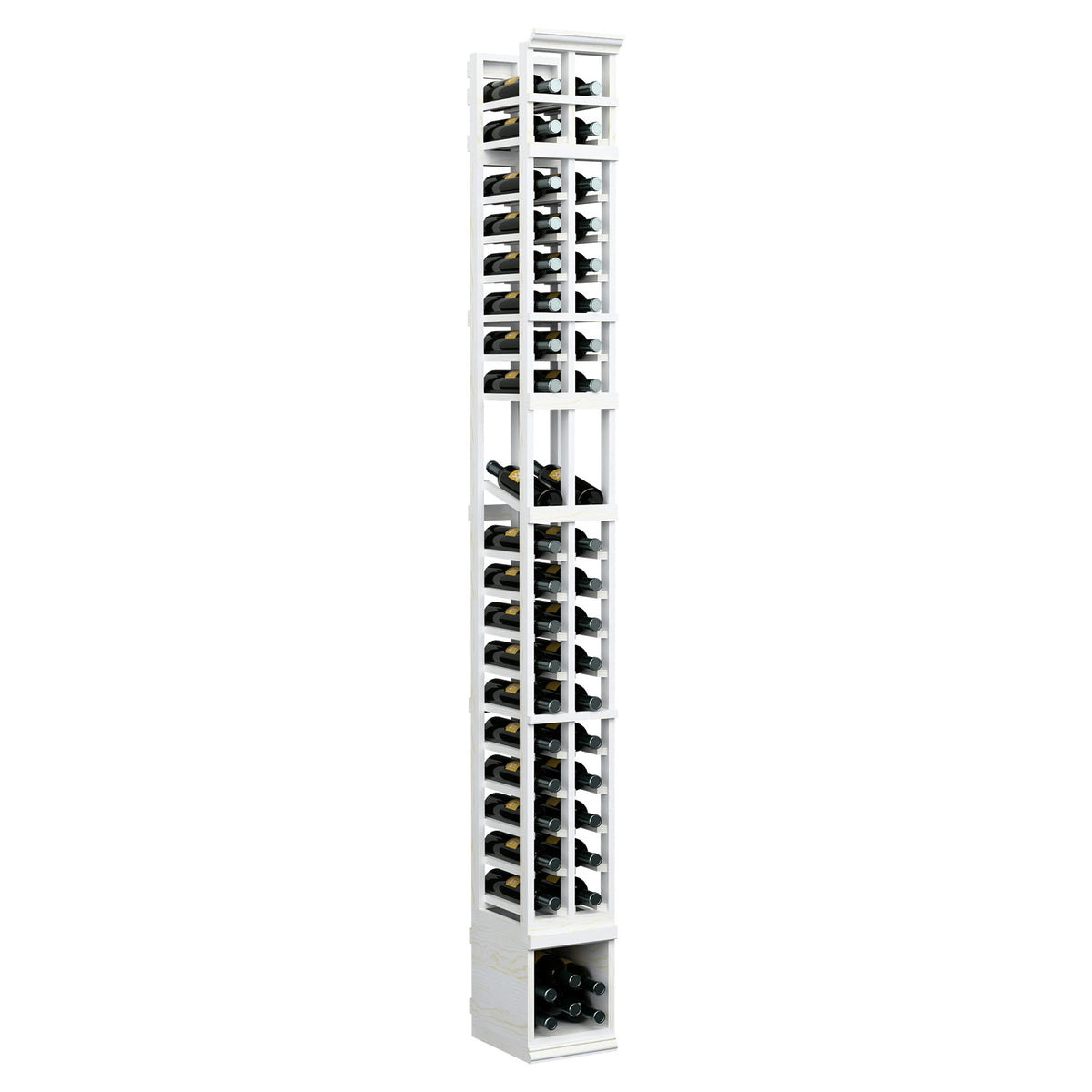 8 ft 2-column wood wine bottle rack with light white finish and divided bottle slots