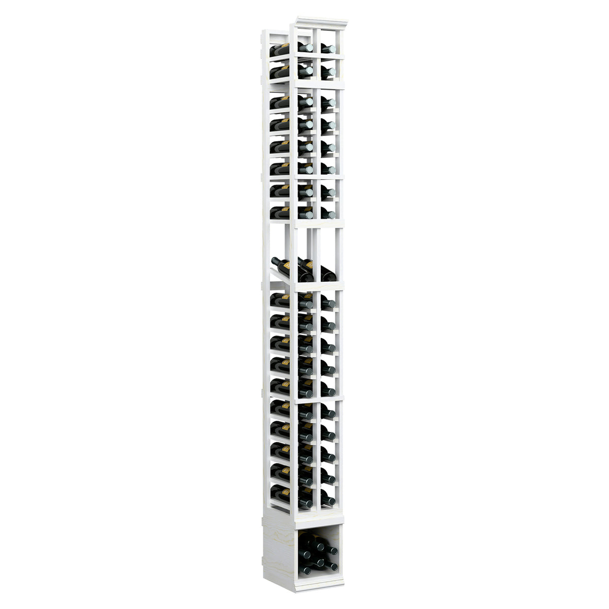 Front view of 8 ft 2-column wine bottle display rack with white wood frame and slots