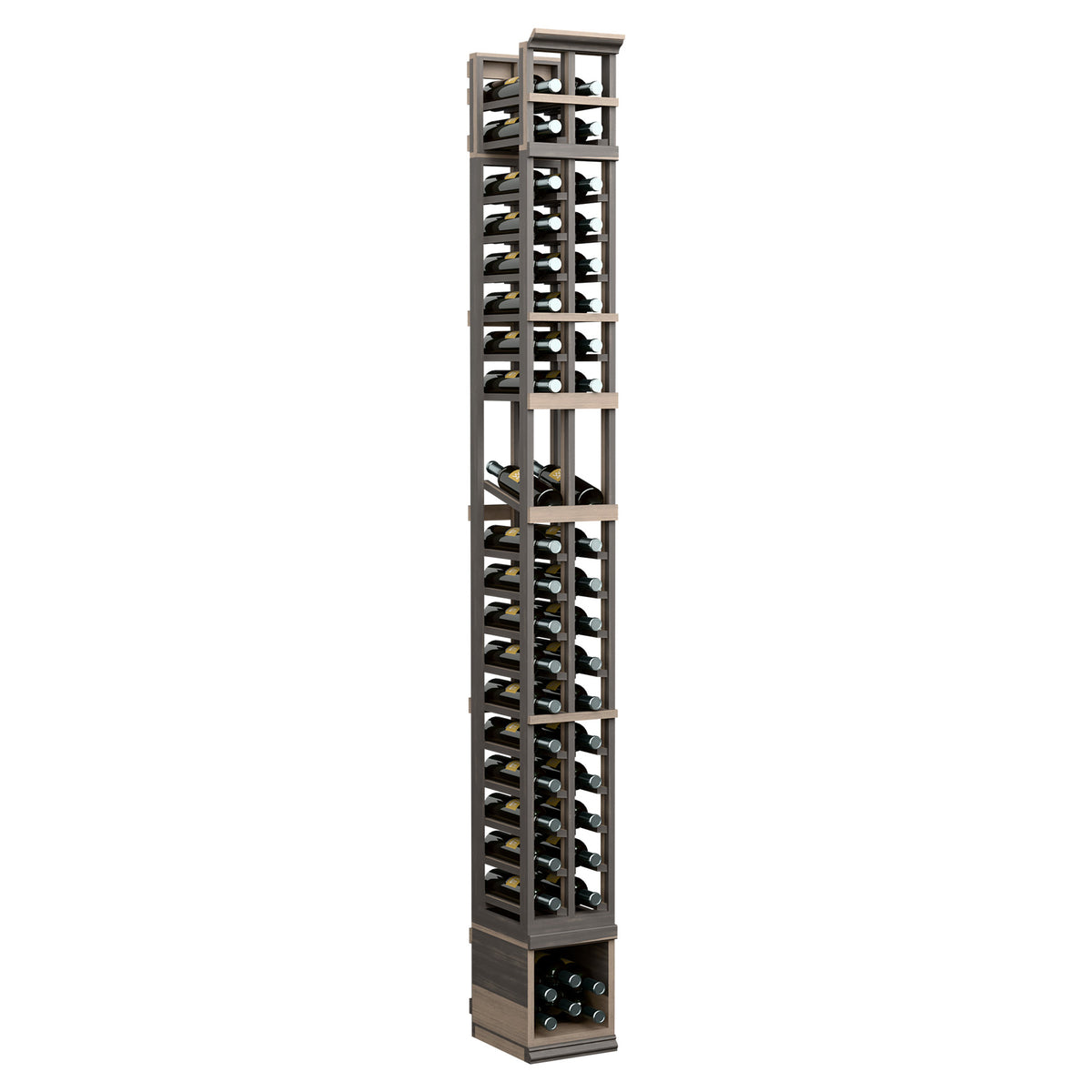 Two-column wine display rack in dark finish, tall with slatted shelves and bottle slots