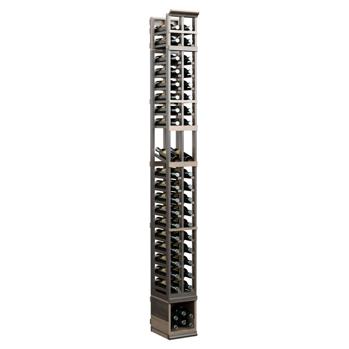 Two-column wine display rack in dark finish, front-facing view with bottle storage