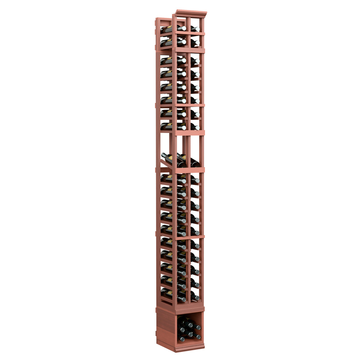 Two-column wine display rack in red-brown finish, tall with slatted shelves and bottle slots