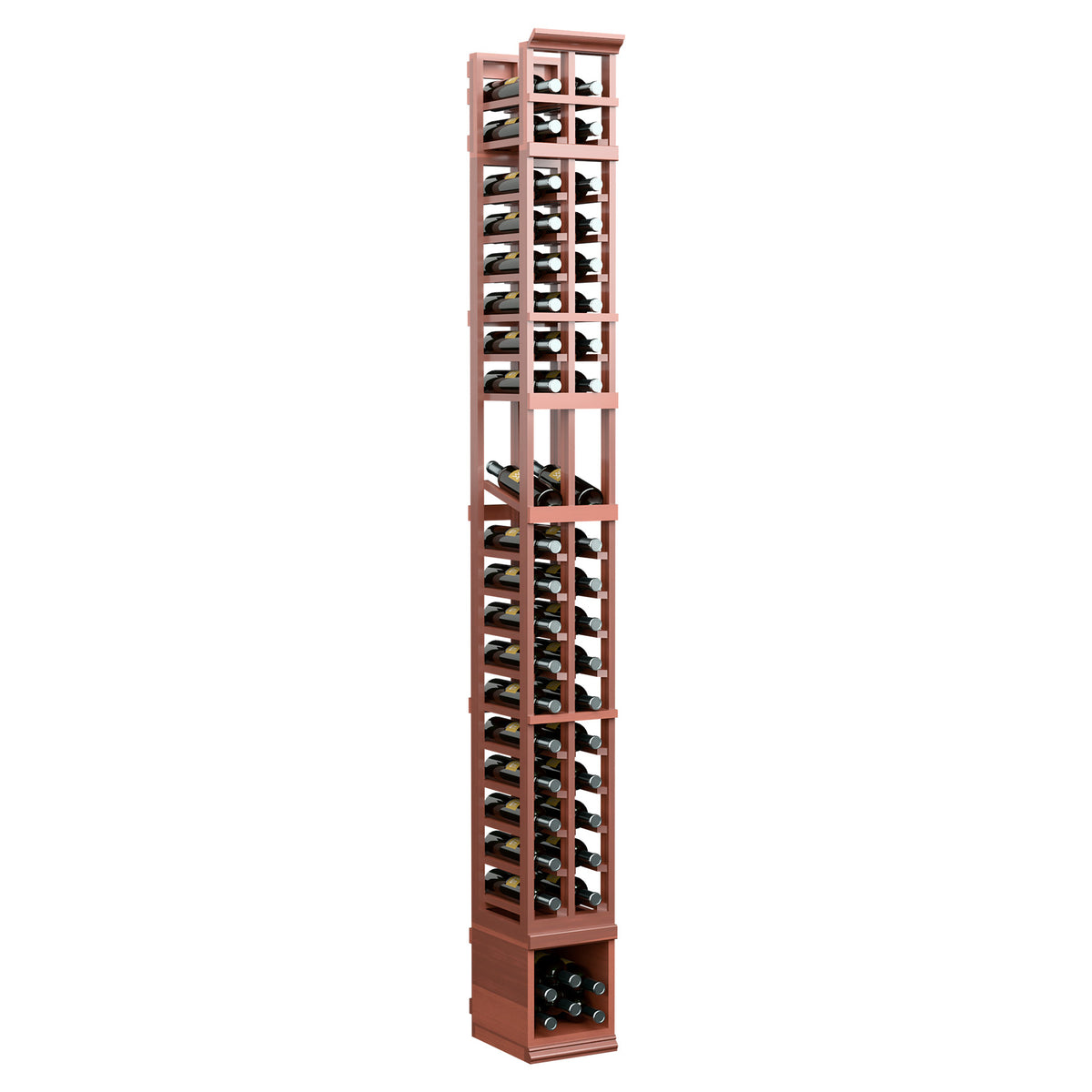 Two-column wine display rack in red-brown finish, side view with stacked bottle openings