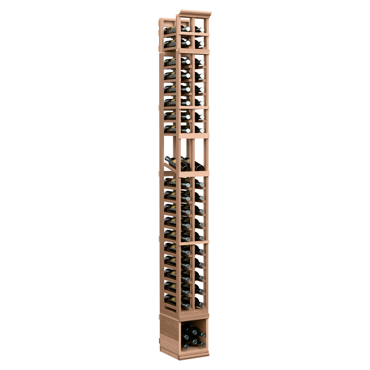 Two-column wine display rack in light wood finish, tall with slatted shelves and bottle slots