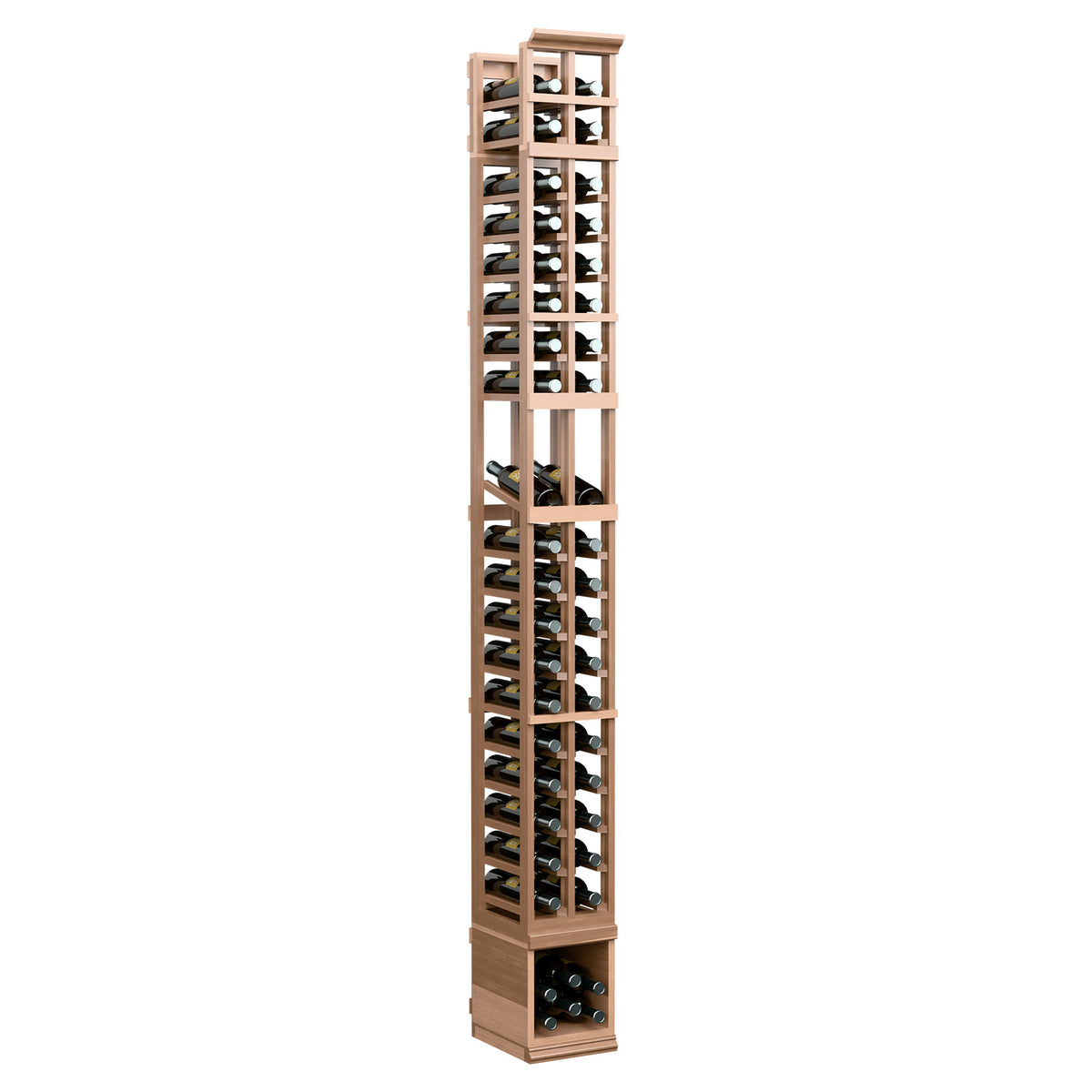 Two-column wine display rack in light wood finish, angled view showing front bottle storage
