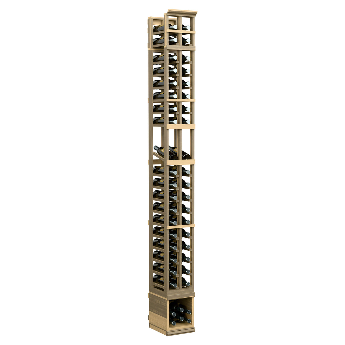 Two-column wine display rack in light wood finish, tall side profile with slatted shelves