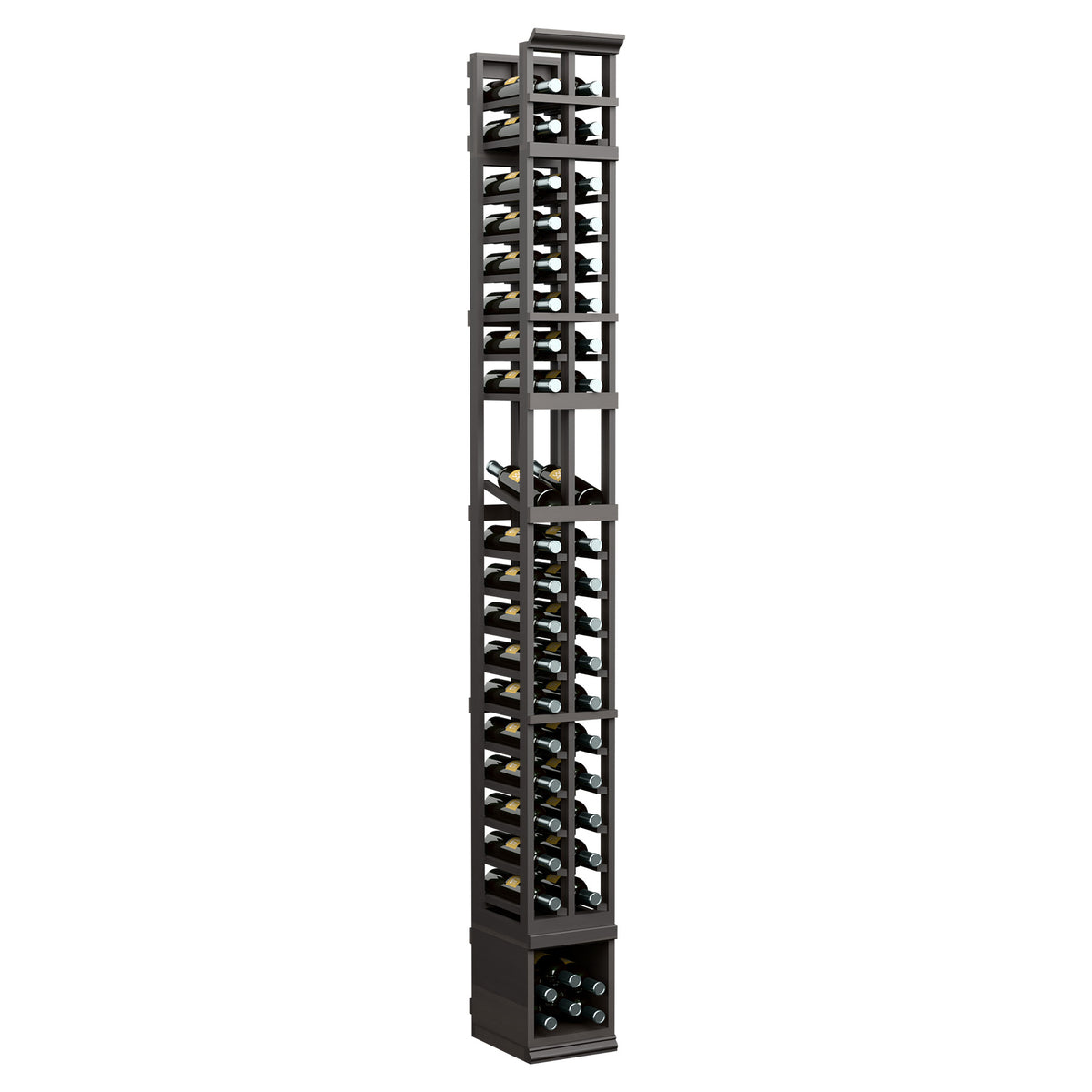 Two-column wine display rack in dark finish, tall side view with bottle storage openings