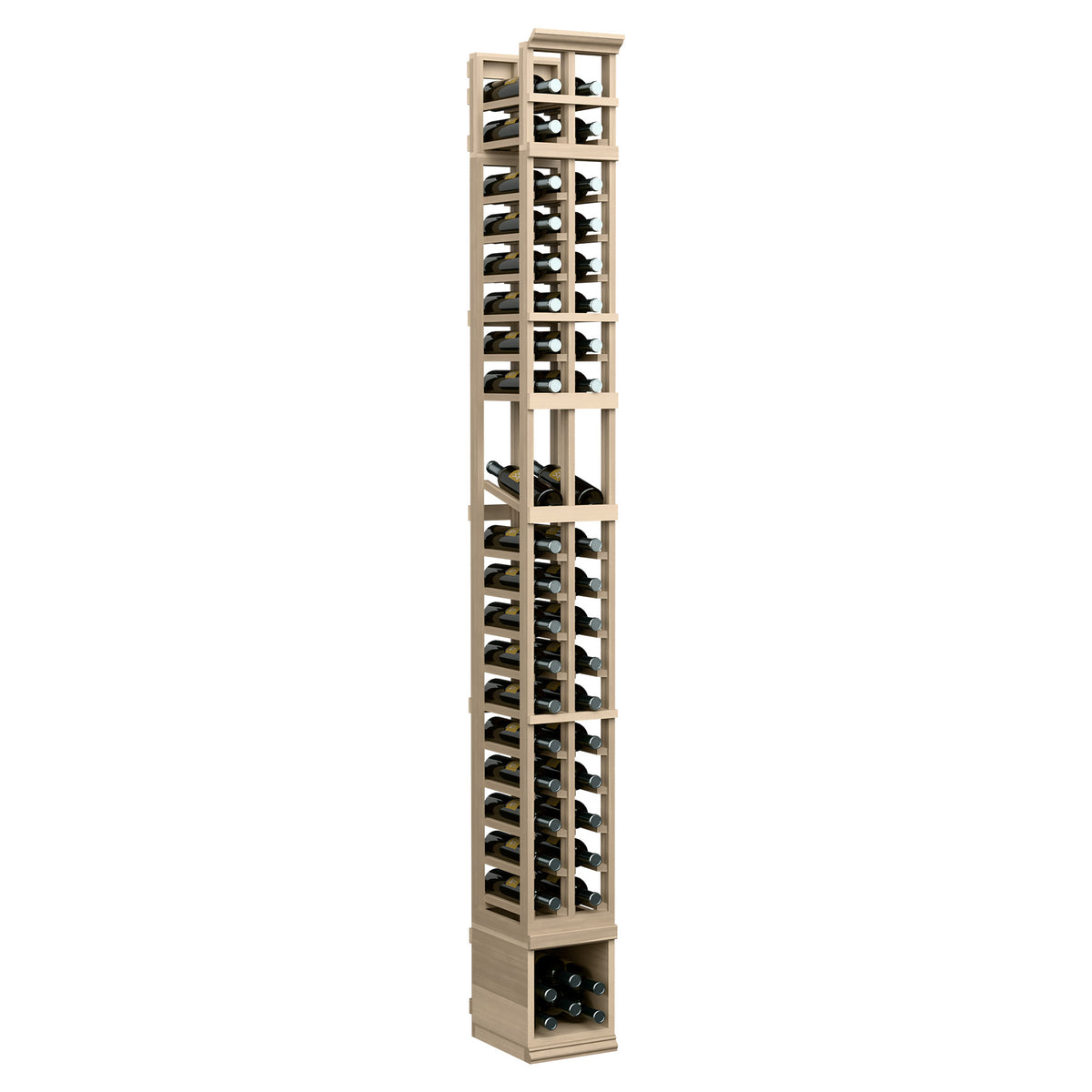 Two-column wooden wine bottle display rack, light natural finish, front view