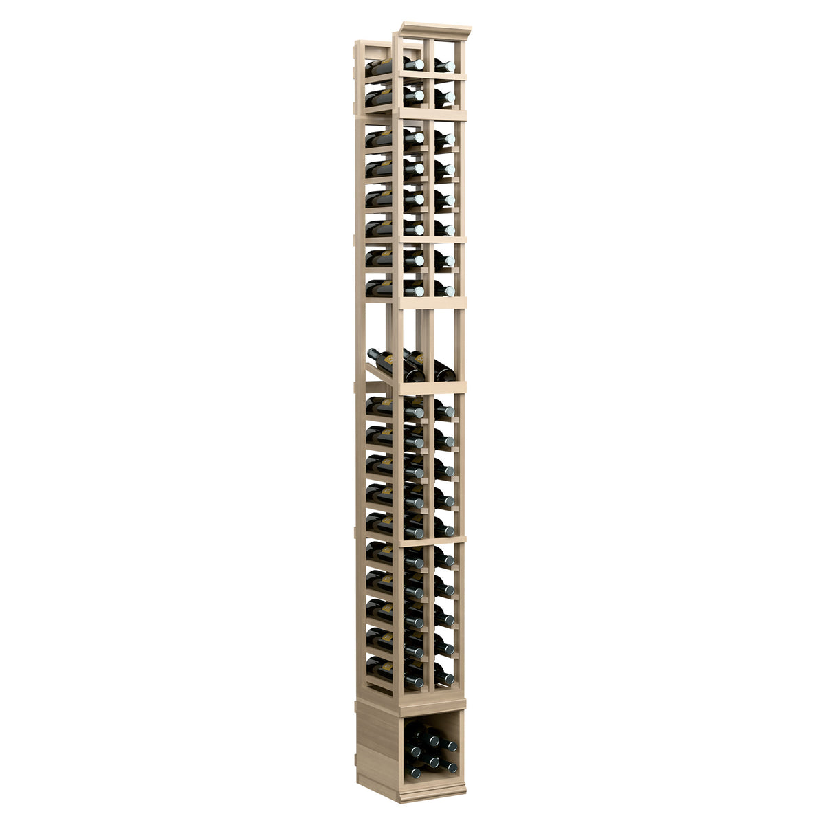 Two-column wooden wine bottle display rack, light natural finish, angled front view