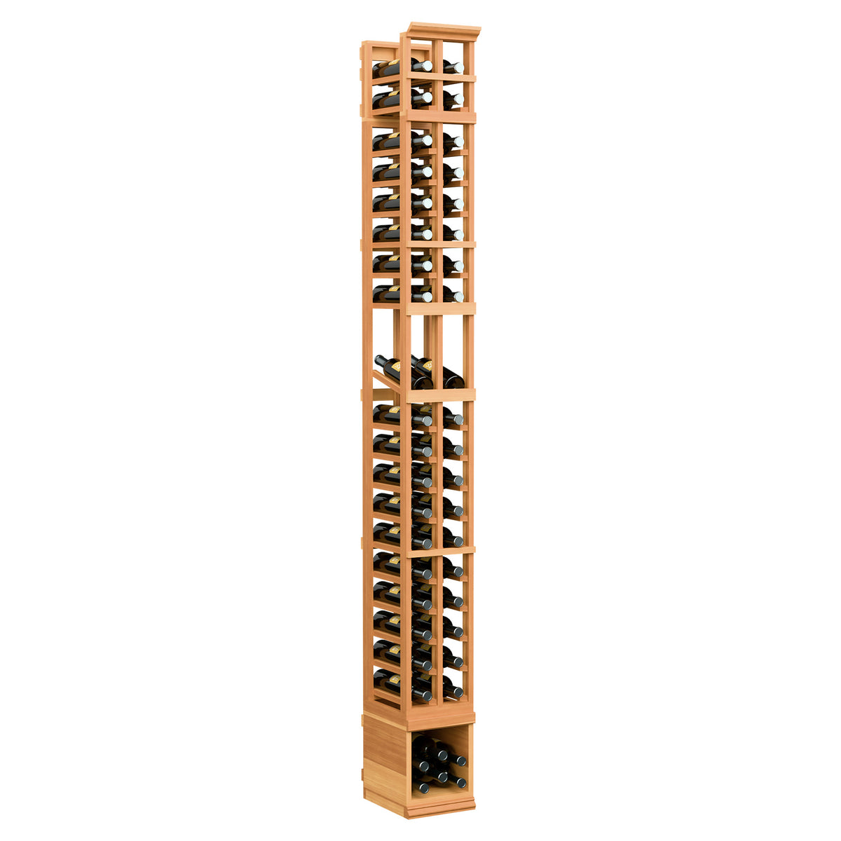 Two-column wooden wine bottle display rack, warm wood finish, side angled view