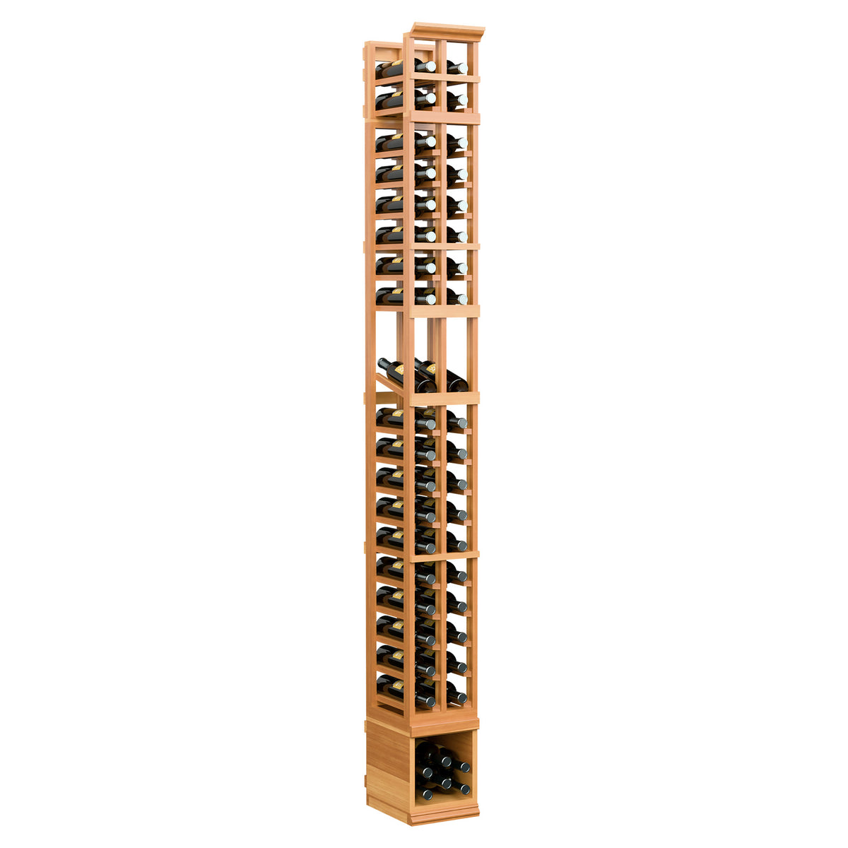 Two-column wooden wine bottle display rack, warm wood finish, tall side profile