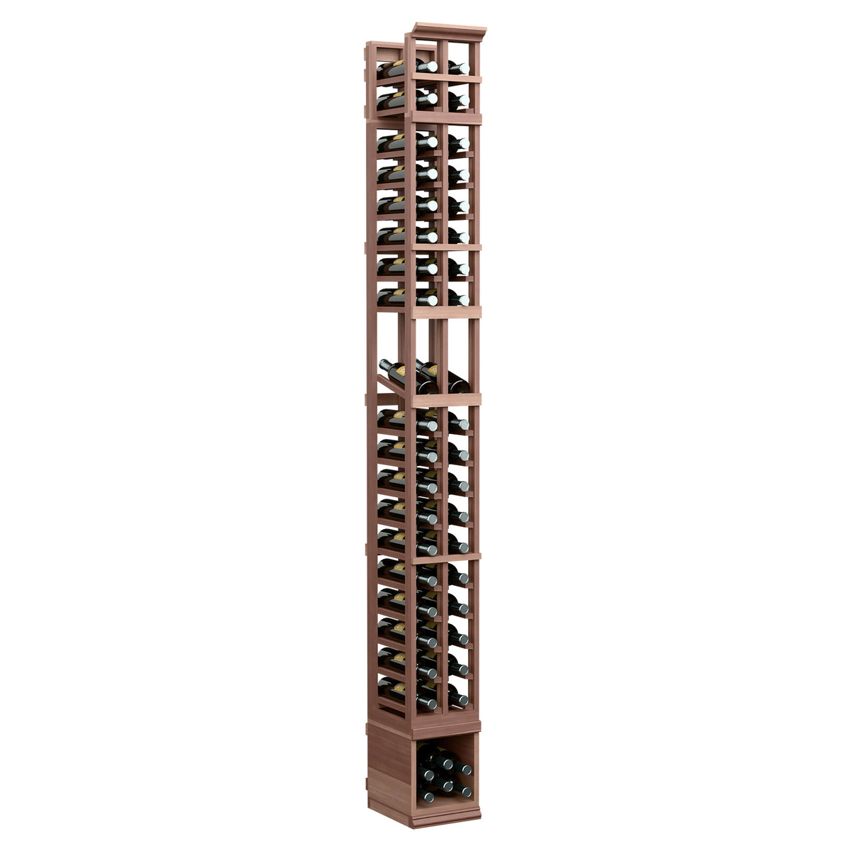 Two-column wooden wine bottle display rack, dark brown finish, angled front view