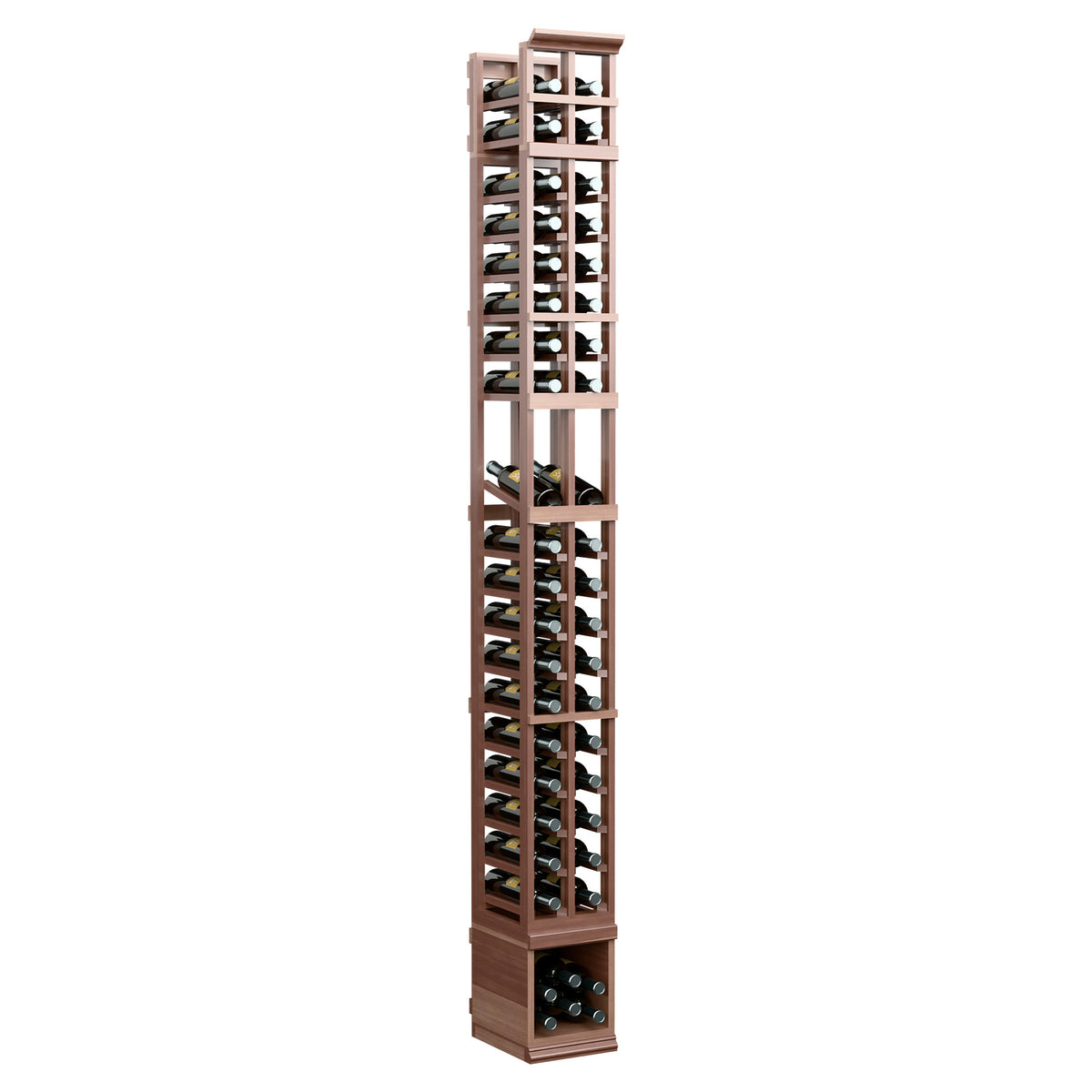 Two-column wooden wine bottle display rack, dark brown finish, tall side profile