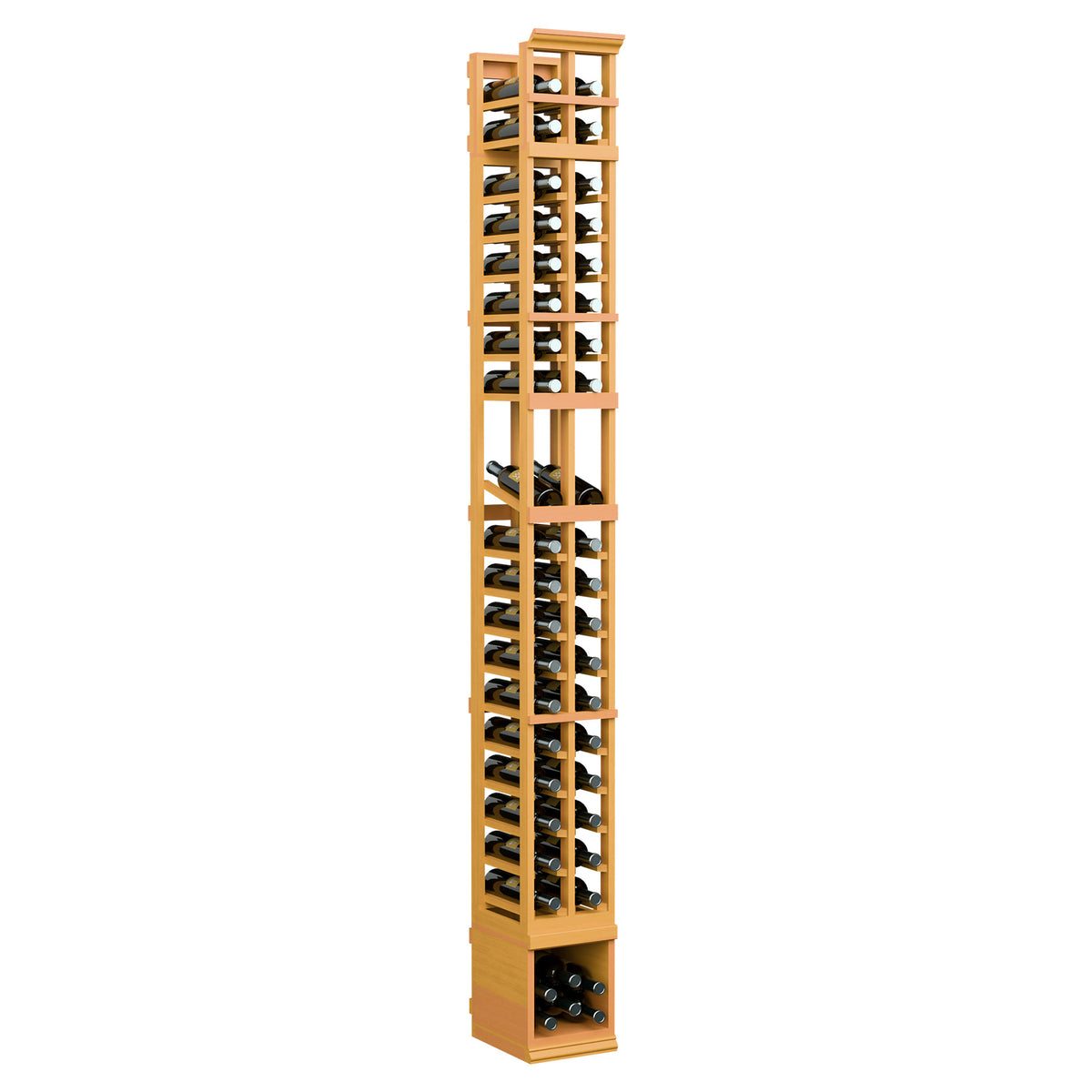 Two-column wooden wine bottle display rack, golden wood finish, side angled view
