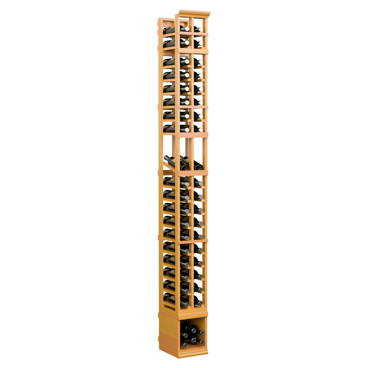 Two-column wooden wine bottle display rack, golden wood finish, tall side profile