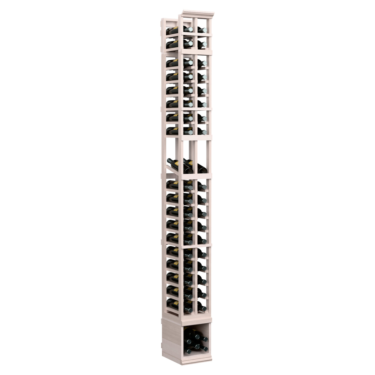 Two-column wooden wine bottle display rack, light gray finish, angled front view