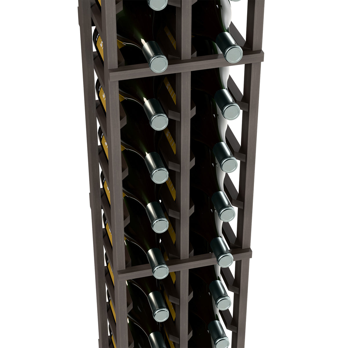 Two-column wine bottle rack with dark frame, rows of wine bottles in slots