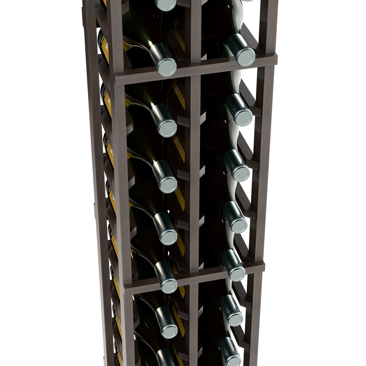 Two-column wine bottle rack close-up, dark wood frame with two rows of bottles