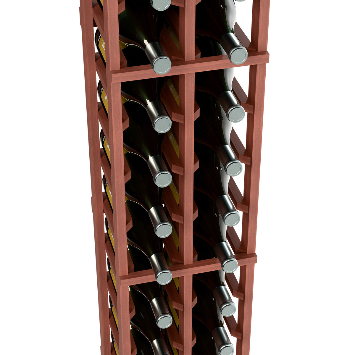 Two-column wine bottle rack close-up, reddish wood frame with two bottle rows