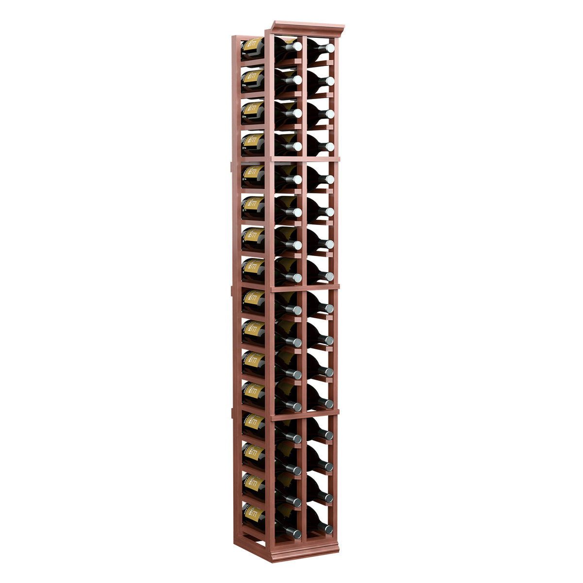 Two-column wine bottle rack, tall reddish wood frame with bottle neck supports