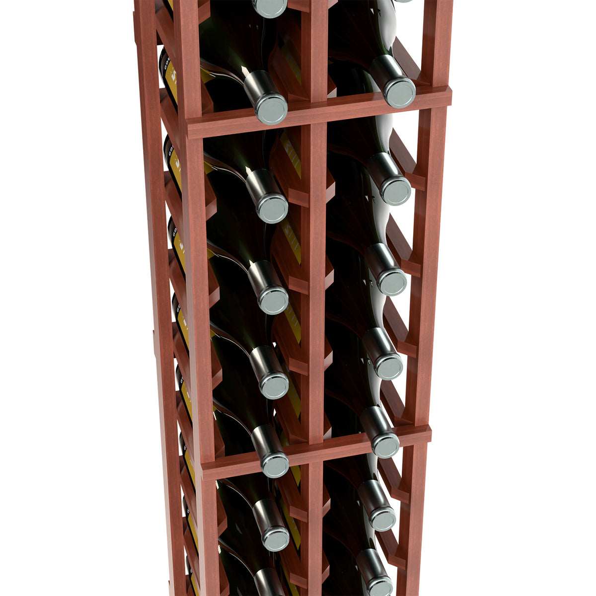 Two-column wine bottle rack close-up, reddish wood frame holding bottles in slots