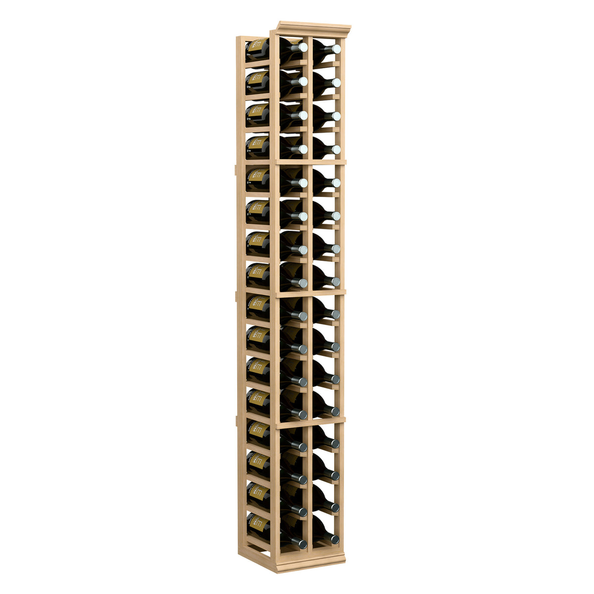 Two-column wine bottle rack, tall light wood frame with bottle neck holding holes