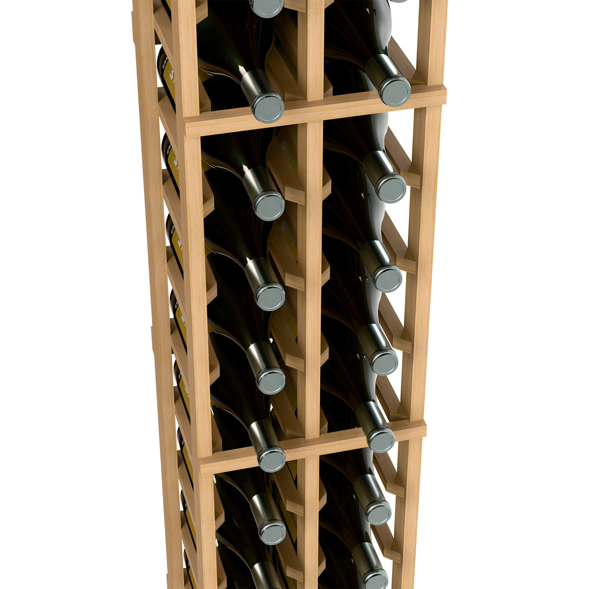 Two-column wine bottle rack close-up, light wood frame with two rows of bottles
