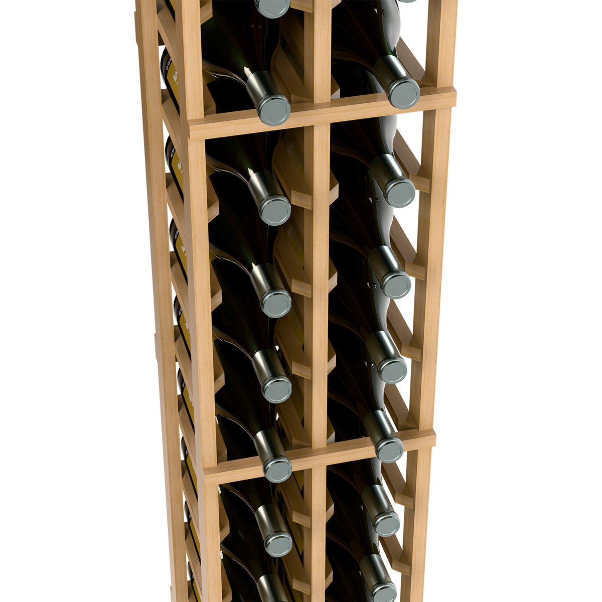 Close-up of angled wine bottle slots inside a two-column wood wine rack