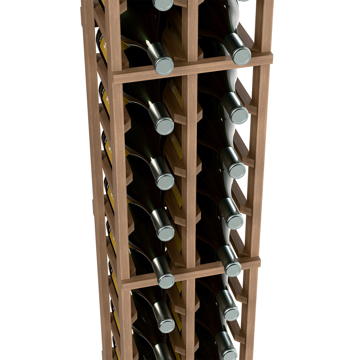 Inside view of two-column wood wine rack holding wine bottles in angled slots