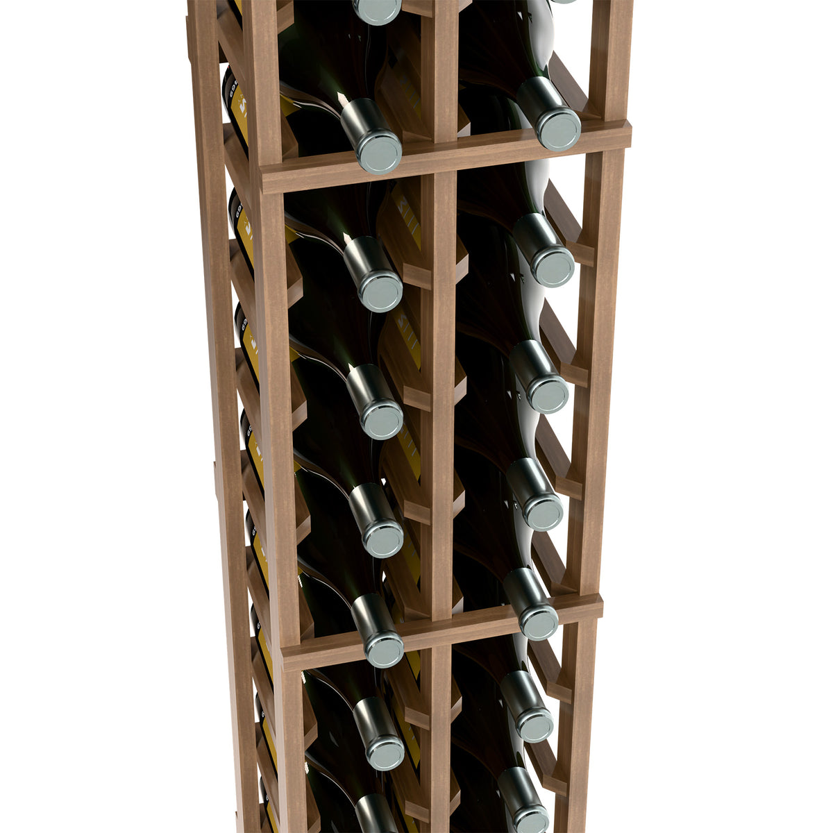 Close-up of wine bottles stored in angled slots on a two-column wine rack