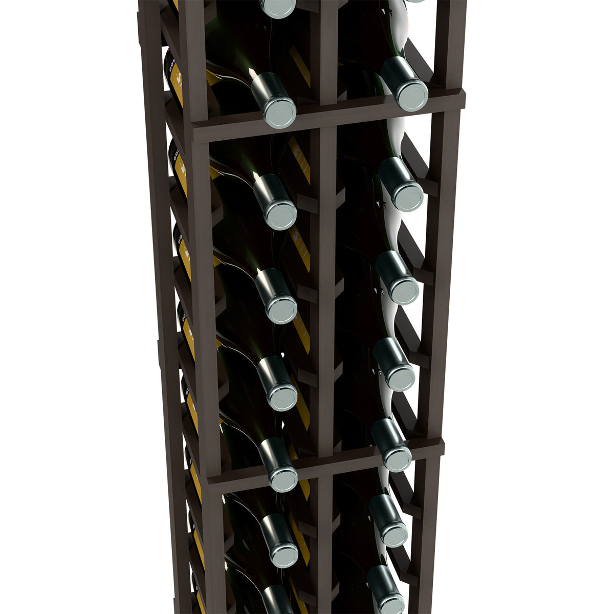 Angled wine bottle slots shown in a dark wood two-column wine rack