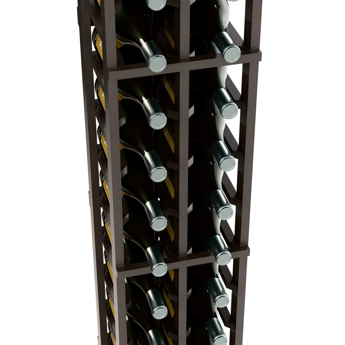 Close-up of bottles in angled slots on a dark-stained two-column wood wine rack