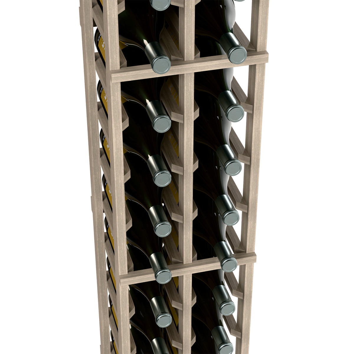 Two-column magnum rack close-up, light wood slots holding magnum bottles