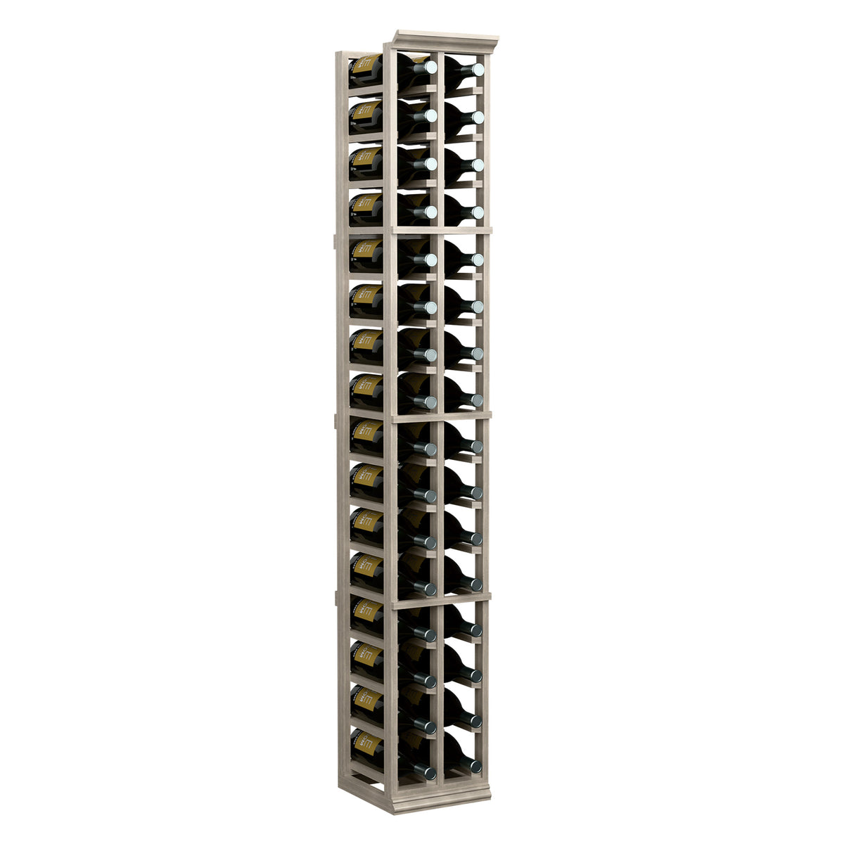 Two-column magnum wine rack, light wood frame with bottle compartments