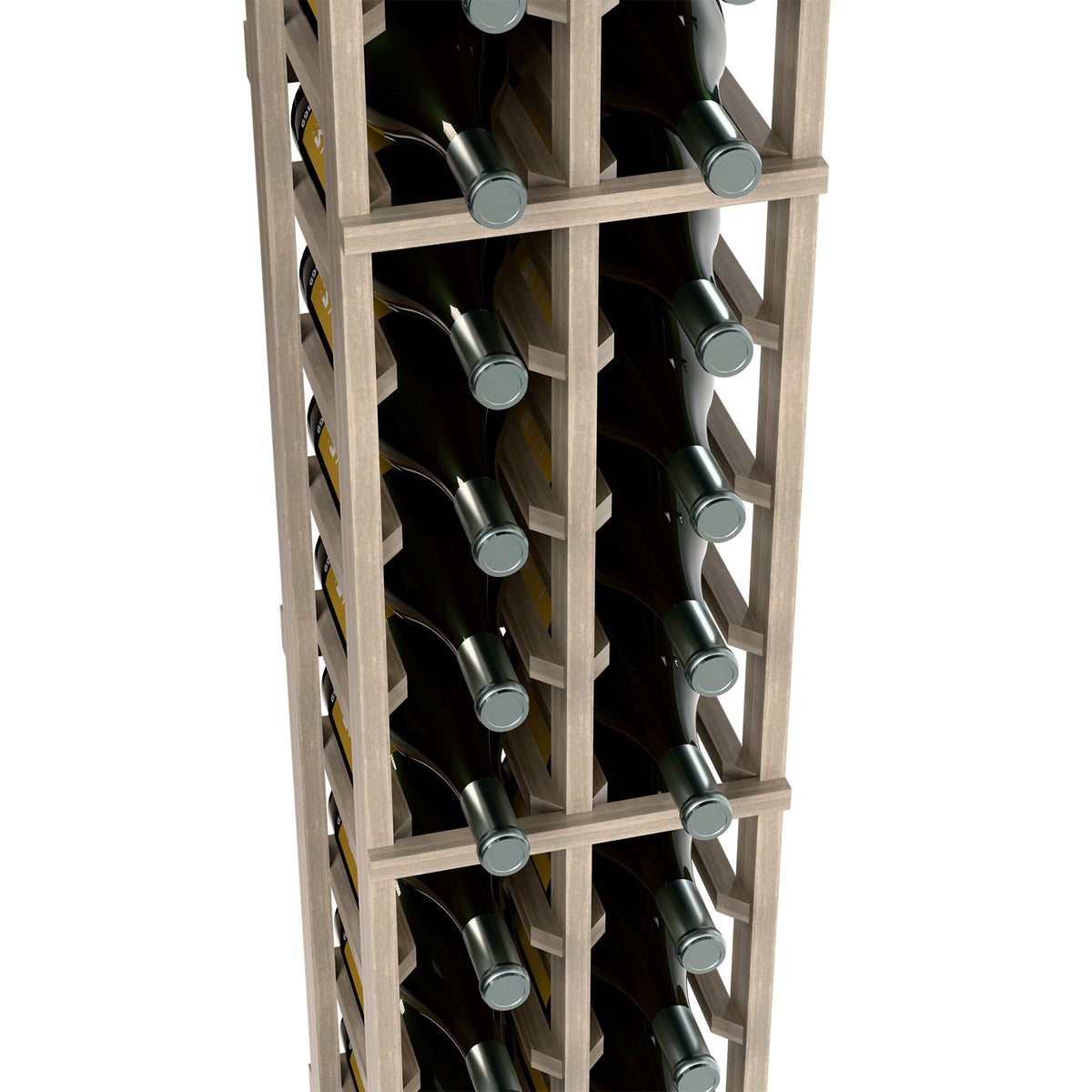Two-column magnum rack close-up, light wood frame with magnum bottles