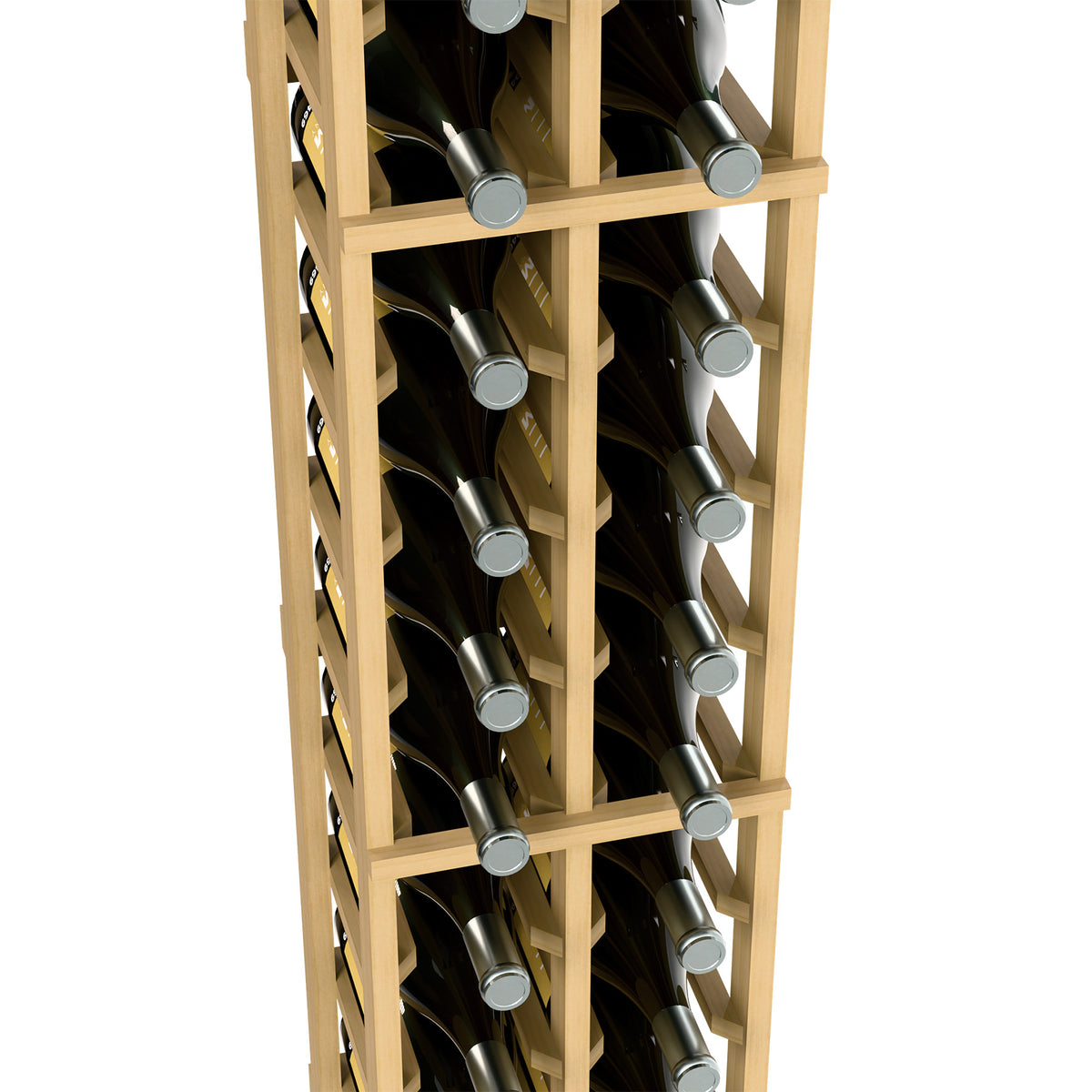 Two-column magnum rack close-up, light wood slots with magnum bottles