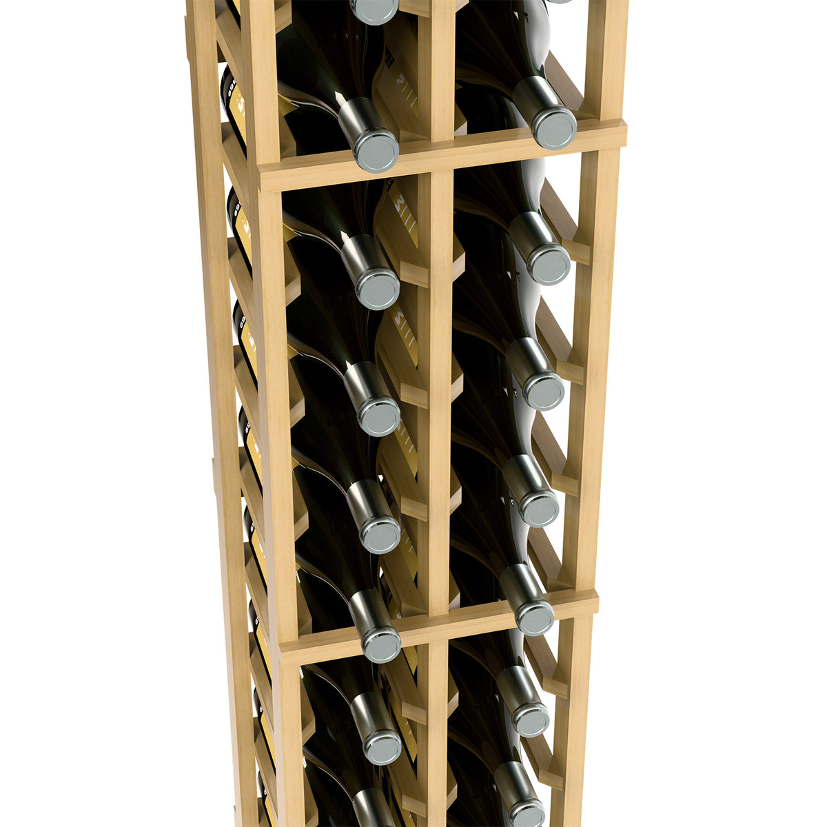 Two-column magnum rack close-up, light wood frame holding magnum bottles